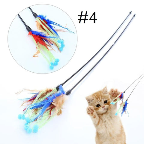 Funny Pet Cat Kitten Fishing Rod Type With Mix Color Feathers Play Tease Toy