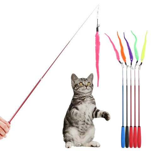 5pcs/set Kitten Cat Teaser Wand Rod Chase Toys Replacement Refill Plush Worms Pet Interactive Training Toys Random Color QDD9241